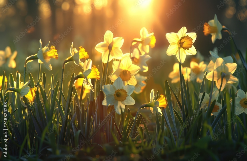sunshine shining through in the morning daffodil flowers