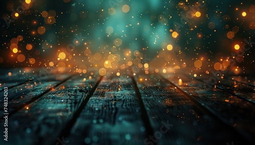 wooden table on a glittering background from green lights