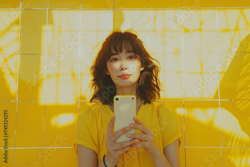 woman hands up phone in front of yellow background