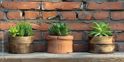 wooden pots with small green plants, near a brick wall