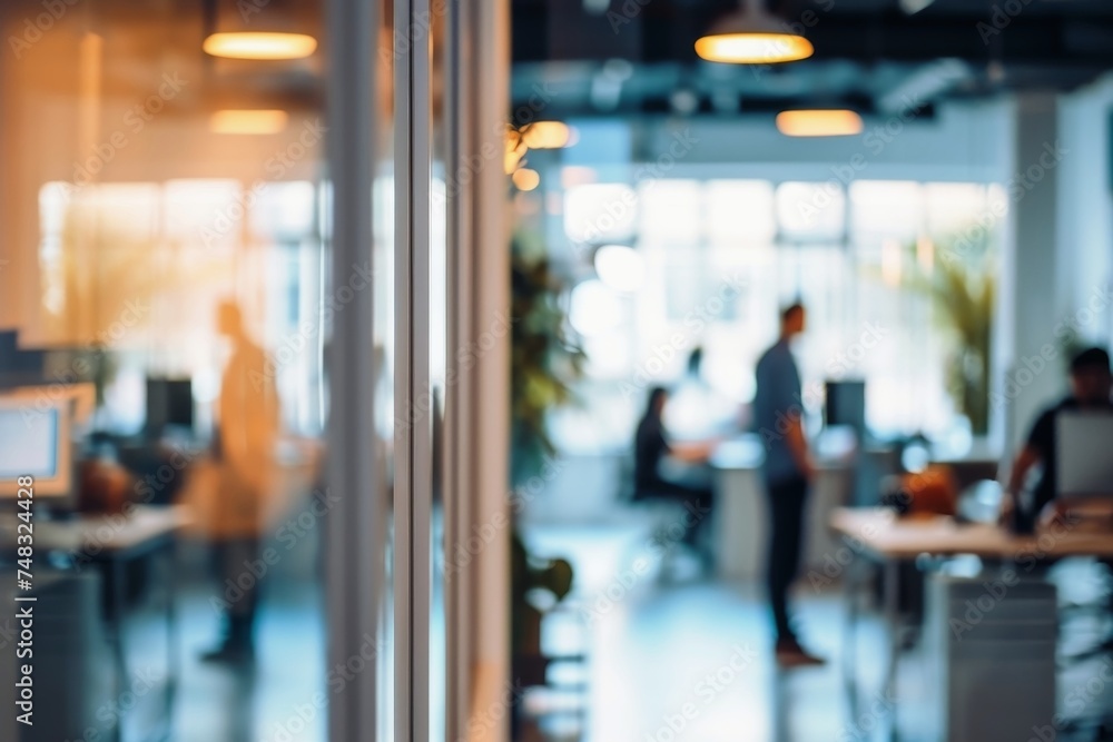 View into an office with people in the blurred background. View into an office with people in the blurred background.