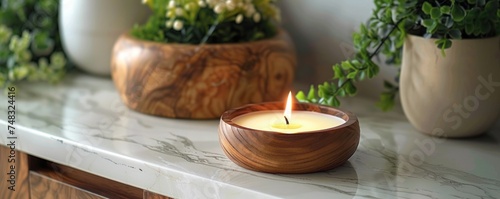 wax spa and candle on white marble background