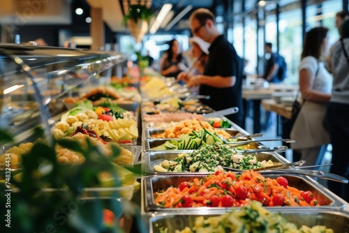 A big buffet with people in the blurred background.