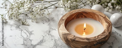 wax spa and candle on white marble background