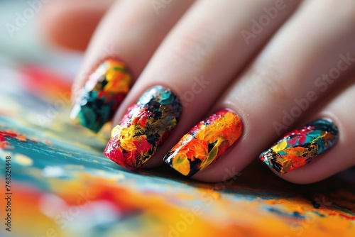 A close up of female nails with a beautiful artwork as a nail polish.