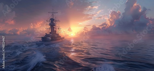 the british warship sailing over the ocean under a clouding sky