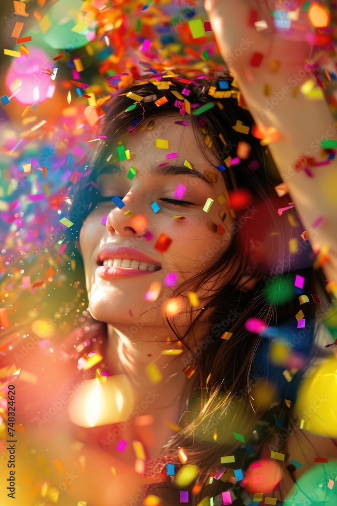 A beautiful young woman enveloped in confetti at a party