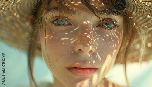 woman is wearing a straw hat and face moisturizer