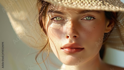 woman is wearing a straw hat and face moisturizer