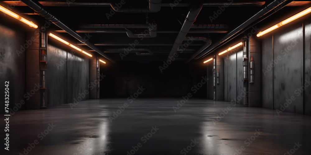 A dimly lit, modern underground parking lot with linear lighting and concrete walls.