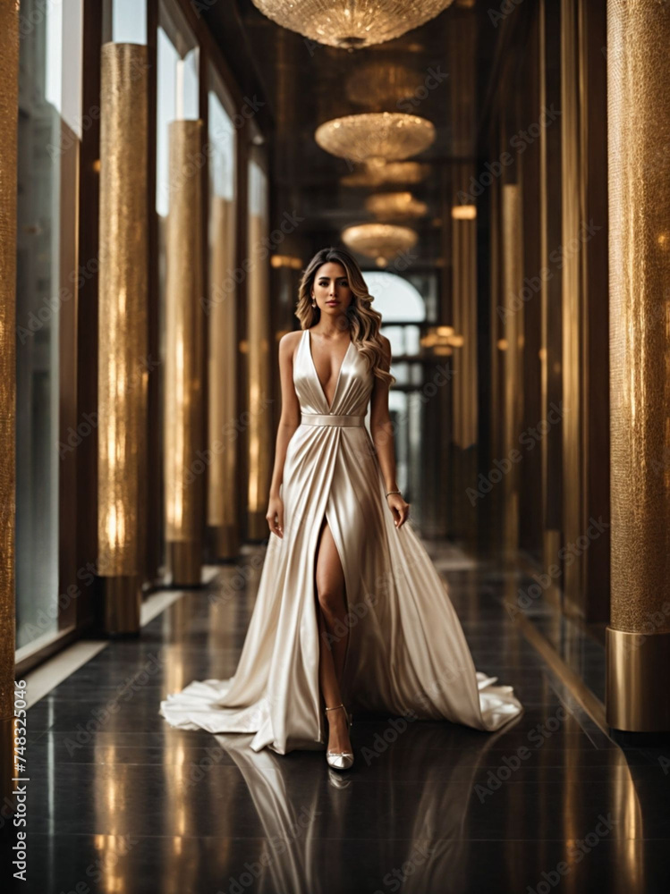 Beautiful woman model in long shining dress walking in luxury hotel
Beautiful woman model in long shining dress walking in luxury hotel