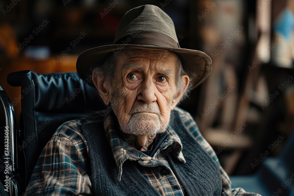 A portrait of an elderly man in a wheelchair, with a serious expression on his face and a hat on his head