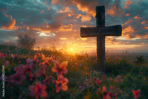 A peaceful Easter sunrise service in a countryside setting with a wooden cross.