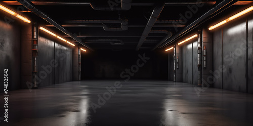 A dimly lit  modern underground parking lot with linear lighting and concrete walls.