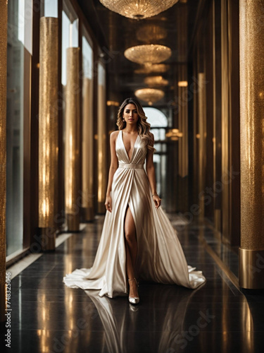 Beautiful woman model in long shining dress walking in luxury hotel	
