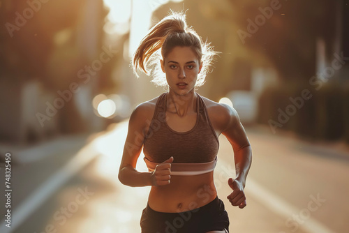 A woman jogging on a street with soft diffused light and blurred background, wearing a brown workout top and black shorts