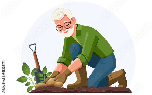 Elderly man harvesting potatoes. The concept of fall harvesting in the garden and vegetable garden. Preparation of products for the winter. Vector. For web design.