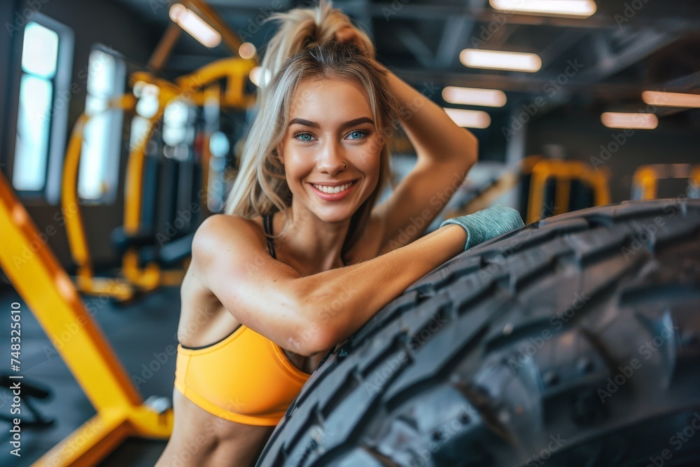 Fototapeta premium Strong Woman Training with Tire in Gym, Beautiful Tanned Girl Lifts a Huge Wheel in Gym