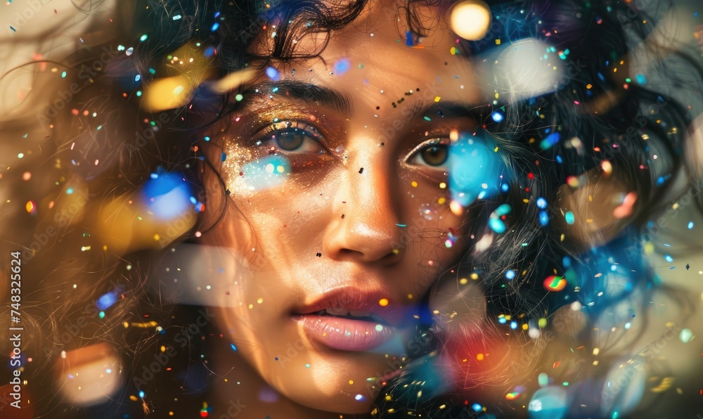A beautiful young woman enveloped in confetti at a party A beautiful young woman enveloped in confetti at a party
