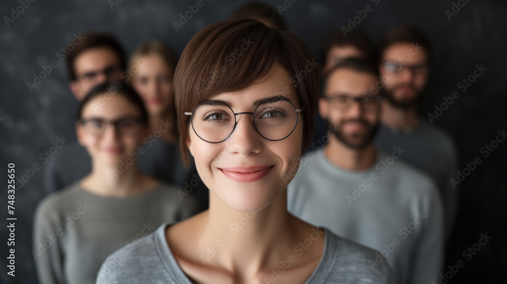 Confident Young Female Leader with Team in Soft Focus Background Confident Young Female Leader with Team in Soft Focus Background