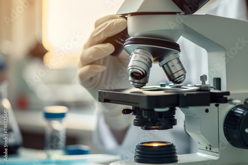 Scientists Make Research Investigations in Medical Laboratory, Researcher with Microscope, Copy Space