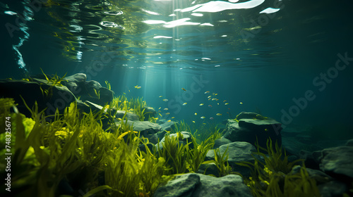 Underwater view of a set of sea bottoms with green seaweed