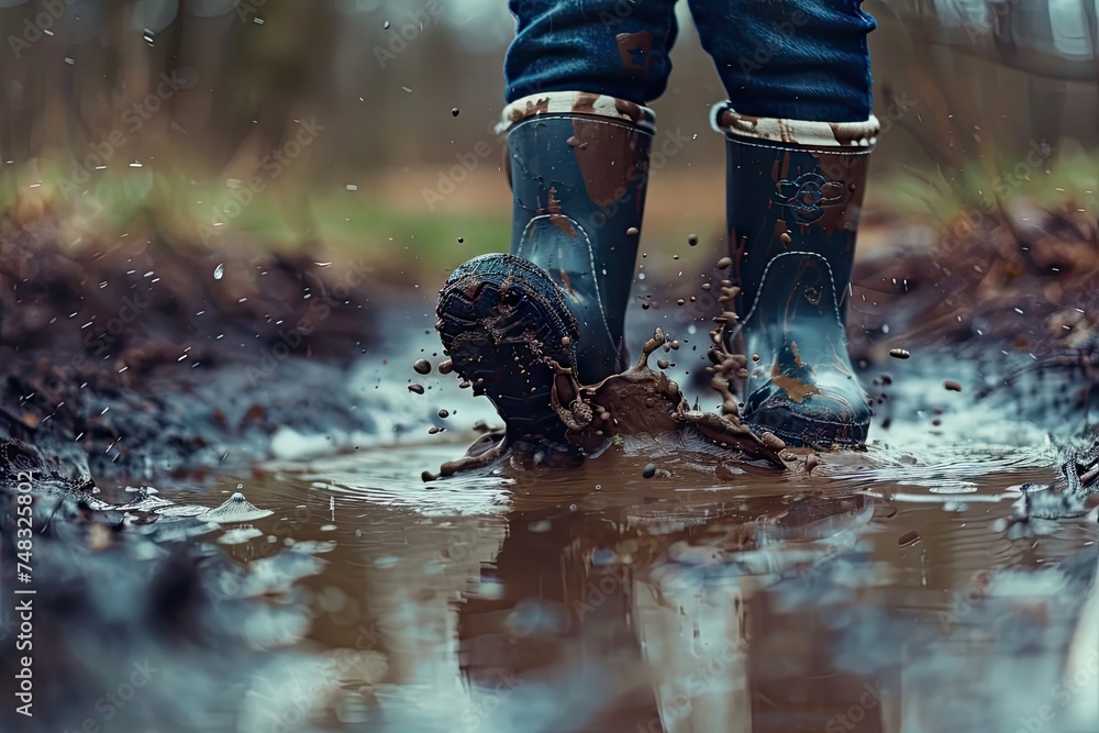 Child Feet in Dirty Puddle Close-Up, Small Rubber Boots in Mud, Mud Boosts Kids Immune System Child Feet in Dirty Puddle Close-Up, Small Rubber Boots in Mud, Mud Boosts Kids Immune System