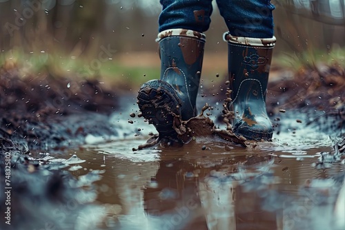 Child Feet in Dirty Puddle Close-Up, Small Rubber Boots in Mud, Mud Boosts Kids Immune System