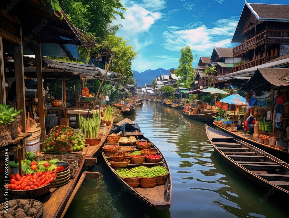 Floating Food Market, Asian Floating Market, Traditional Thailand Culture, Fruits and Vegetables