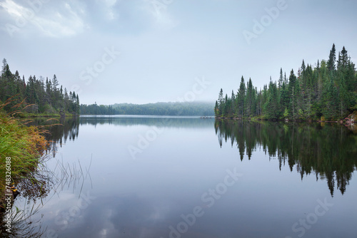 Calm northern Minnesota lake with pines along the shore on a foggy overcast morning in September