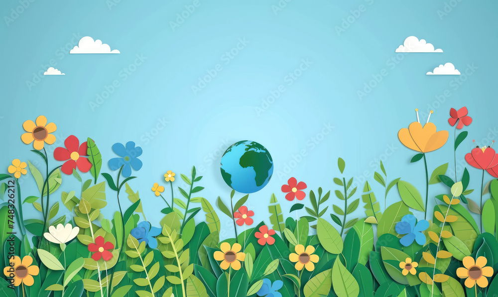 Fototapeta premium happy earth day concept with paper cut style of globe and floral elements