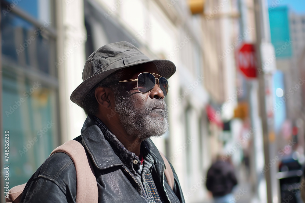 A man walking down the street on a sunny day, wearing sunglasses and a hat A man walking down the street on a sunny day, wearing sunglasses and a hat