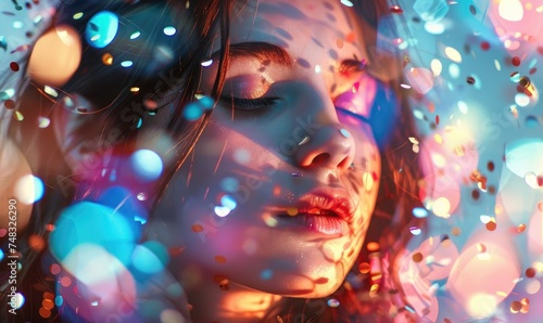 A beautiful young woman enveloped in confetti at a party © piai