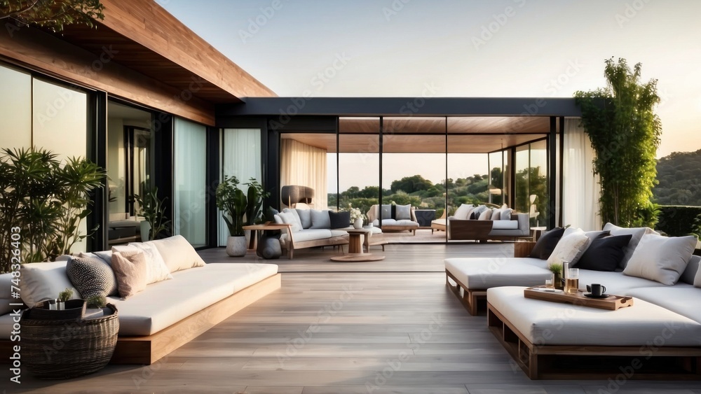 Modern villa with a rooftop terrace, providing panoramic views and an ideal space for outdoor entertainment Modern villa with a rooftop terrace, providing panoramic views and an ideal space for outdoor entertainment