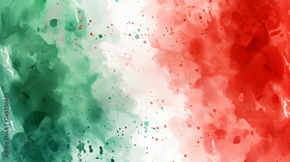 Italian flag watercolor illustration. Green white red stripes. Textured artistic background for Italian American Heritage and Culture Month banner design.