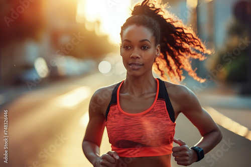 A multiethnic woman jogging on a street with soft diffused light and blurred background, wearing a red workout top and black shorts