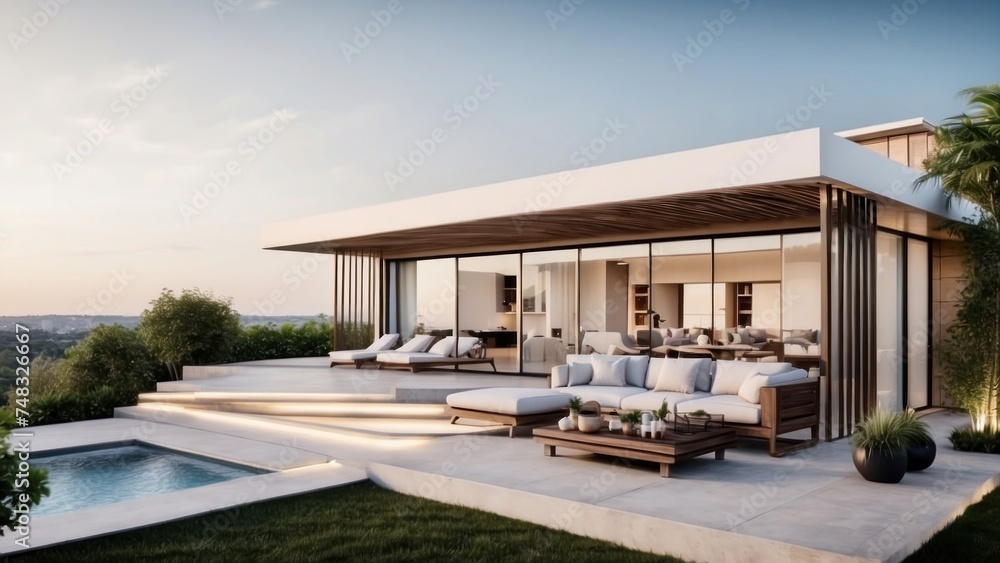 Modern villa with a rooftop terrace, providing panoramic views and an ideal space for outdoor entertainment Modern villa with a rooftop terrace, providing panoramic views and an ideal space for outdoor entertainment