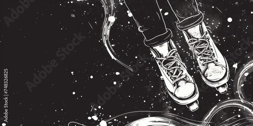 Simple line Illustration roller Skates, vintage Flying In The Universe black color grunge texture.