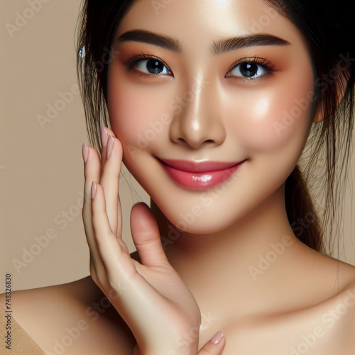 A premium cropped image showcasing a skincare and cosmetics theme, complete with space for text insertion. Features a portrait of a woman with a radiant complexion gently touching her face.