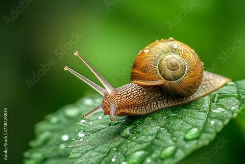 Close-up of a snail on a green leaf, drops after rain