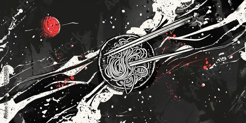 Simple line Illustration Japanese noodles, chopsticks, eggs. Flying In The Universe black color grunge texture. photo