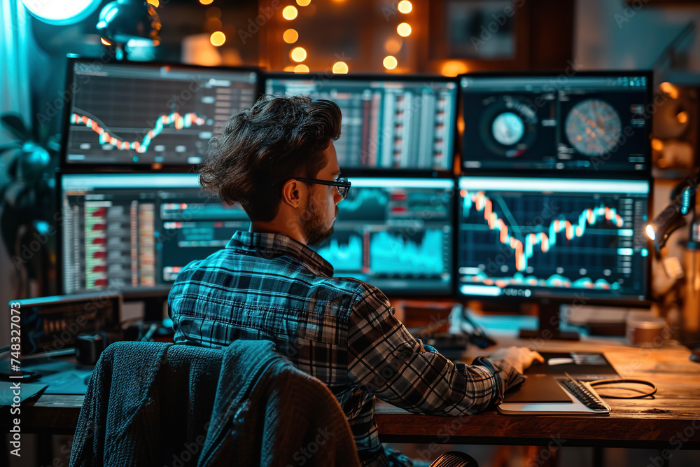 A person sitting at a desk with multiple computer screens displaying cryptocurrency trading data A person sitting at a desk with multiple computer screens displaying cryptocurrency trading data