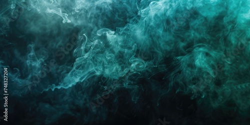 Horizontal stream of pale greenish-blue toxic smoke on a dark background. Background or wallpaper. AI generative. © PROKOPYCH