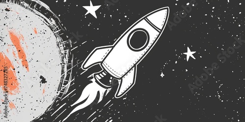 Simple line Illustration rocket On Fire Flying In The Universe black color grunge texture.