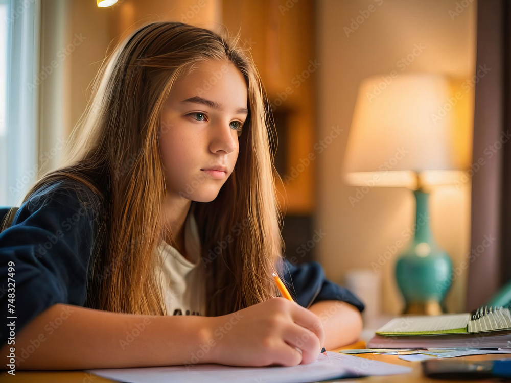 Teen Girl Student Sitting at Desk in Room Writing on Paper Doing Homework Lit by Lamp Long Hair Teen Girl Student Sitting at Desk in Room Writing on Paper Doing Homework Lit by Lamp Long Hair
