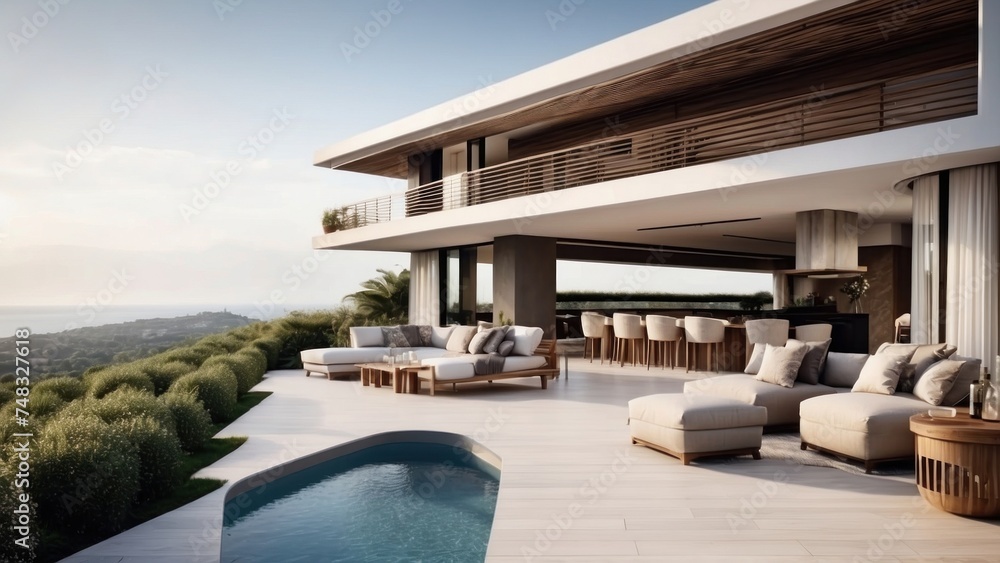 Fototapeta premium Modern villa with a rooftop terrace, providing panoramic views and an ideal space for outdoor entertainment