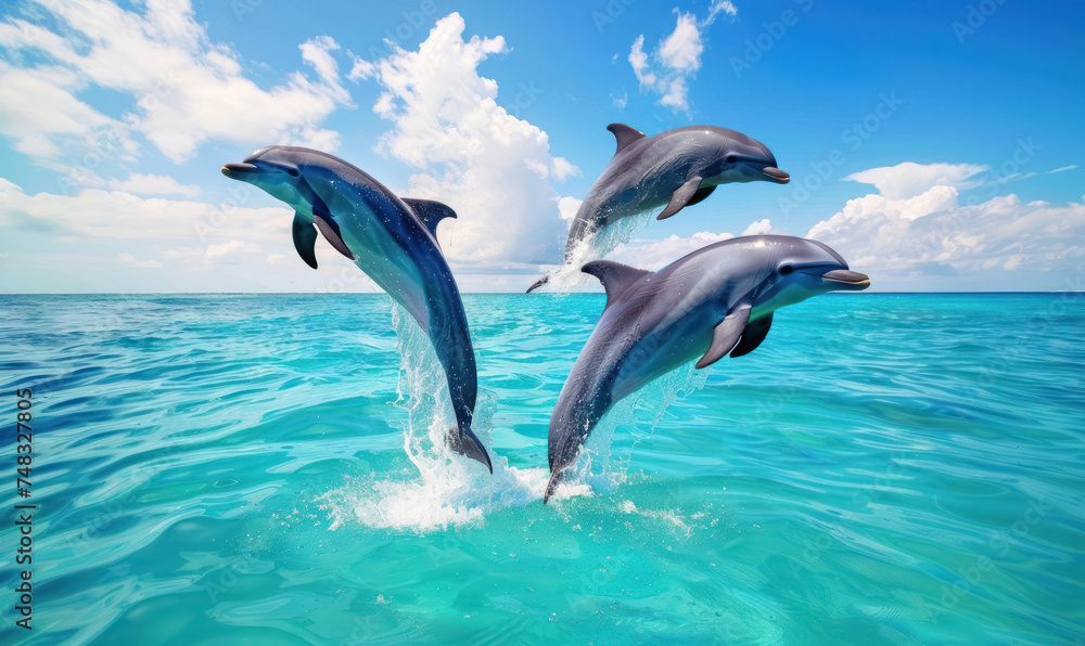 joyful dolphins leaping out of turquoise sea water under blue sky - obrazy, fototapety, plakaty 