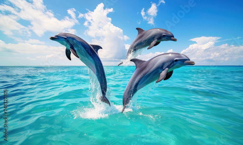 joyful dolphins leaping out of turquoise sea water under blue sky