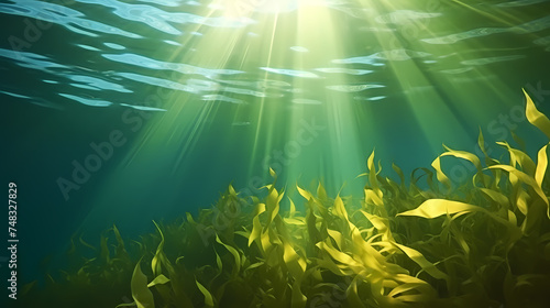 Seaweed and natural sunlight underwater seascape in the ocean