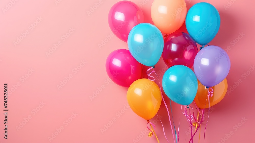 Bunch of bright balloons on pink background, space for text. Bunch of bright balloons on pink background, space for text.